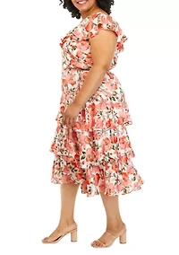 Plus Floral One-Shoulder Ruffled Dress