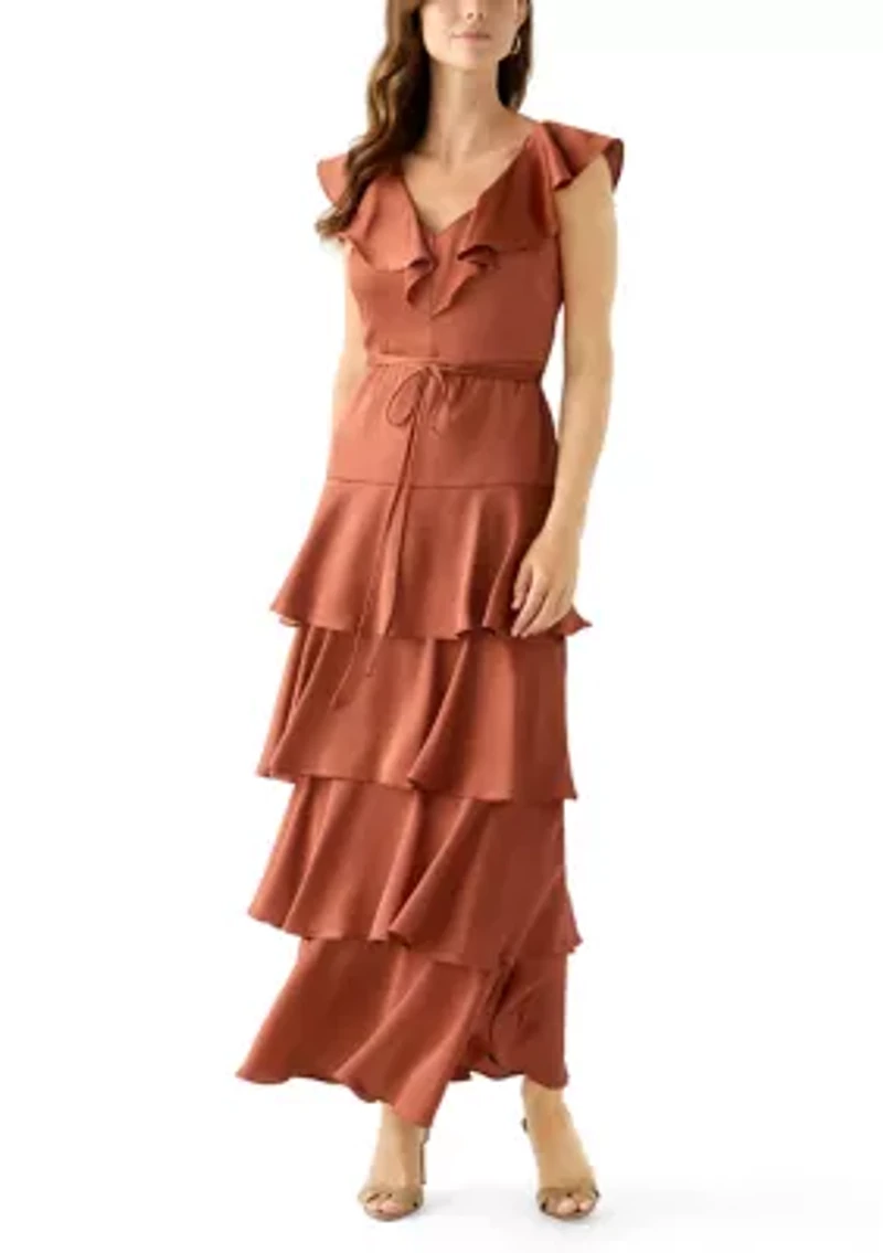 Women's Short Sleeve V-Neck Ruffled Satin Gown