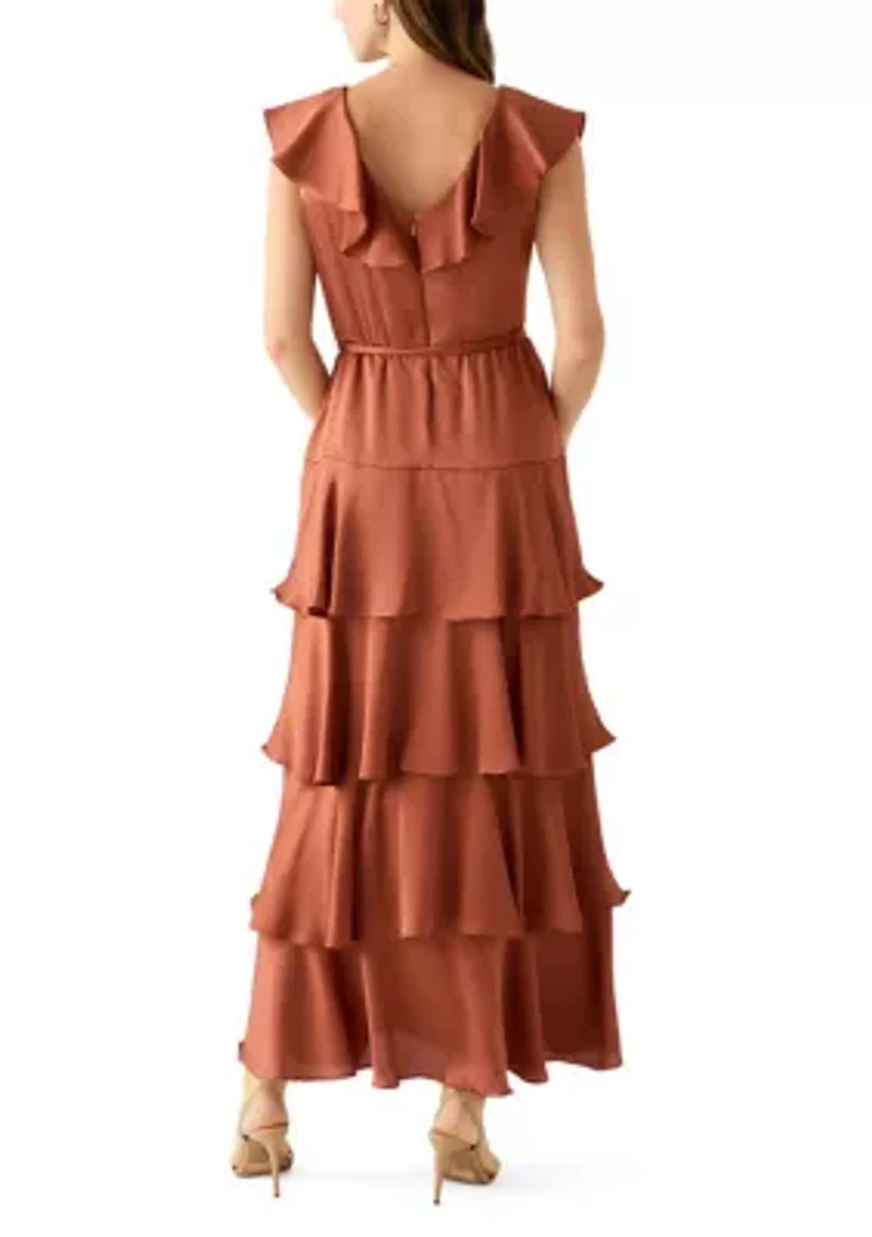 Women's Short Sleeve V-Neck Ruffled Satin Gown