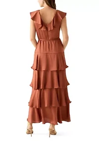 Women's Short Sleeve V-Neck Ruffled Satin Gown