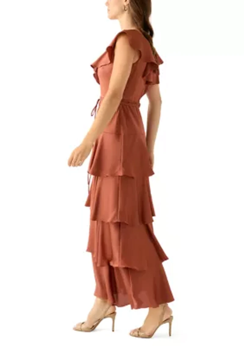 Women's Short Sleeve V-Neck Ruffled Satin Gown