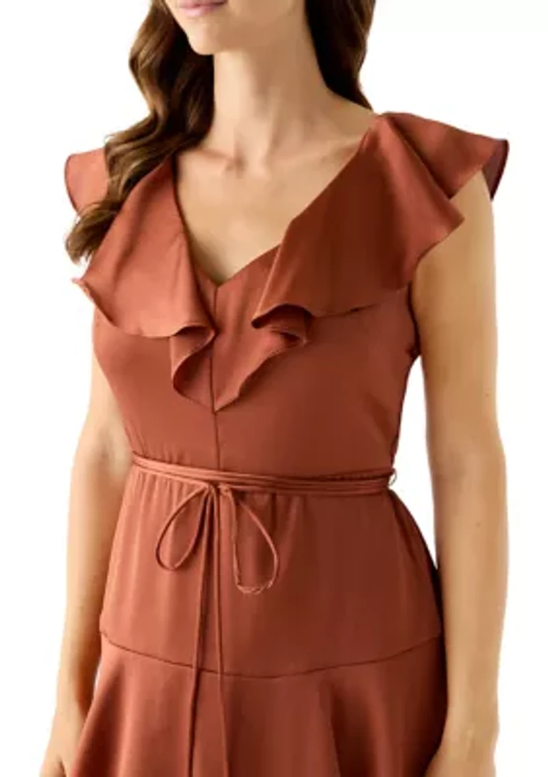 Women's Short Sleeve V-Neck Ruffled Satin Gown