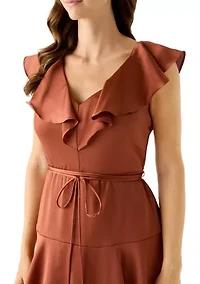 Women's Short Sleeve V-Neck Ruffled Satin Gown