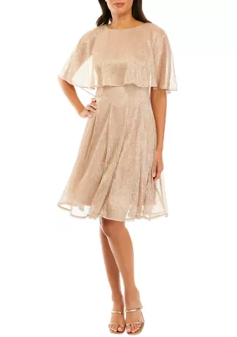 Women's Capelet Short Sleeve Foil Crinkle Mesh Cocktail Dress