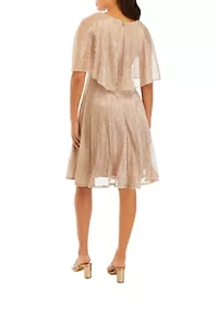 Women's Capelet Short Sleeve Foil Crinkle Mesh Cocktail Dress