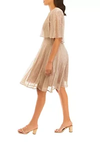 Women's Capelet Short Sleeve Foil Crinkle Mesh Cocktail Dress