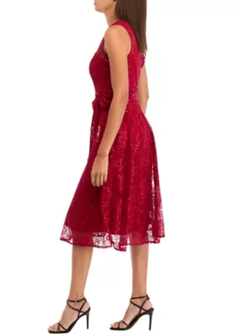 Women's Sleeveless Crew Neck Solid Lace Fit and Flare Dress