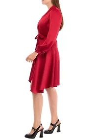 Women's Puff Sleeve V-Neck Fit and Flare Dress