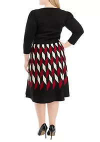 Plus 3/4 Sleeve Geometric Printed Fit and Flare Dress