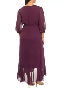 Plus Mesh 3/4 Sleeve Ruffle V-Neck Solid Fit and Flare Dress