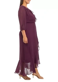 Plus Mesh 3/4 Sleeve Ruffle V-Neck Solid Fit and Flare Dress