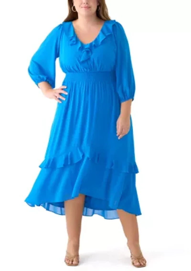 Plus 3/4 Sleeve V-Neck Solid Chiffon Fit and Flare Dress