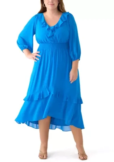 Plus 3/4 Sleeve V-Neck Solid Chiffon Fit and Flare Dress