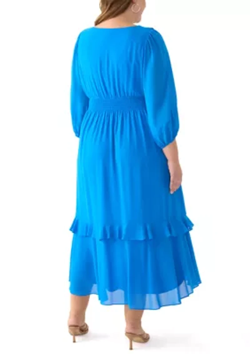 Plus 3/4 Sleeve V-Neck Solid Chiffon Fit and Flare Dress