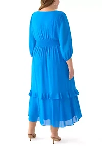 Plus 3/4 Sleeve V-Neck Solid Chiffon Fit and Flare Dress