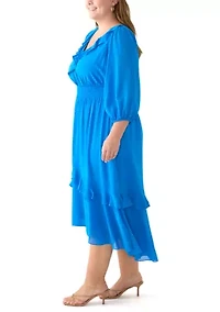 Plus 3/4 Sleeve V-Neck Solid Chiffon Fit and Flare Dress