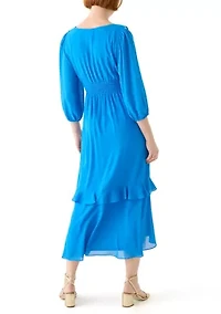 Women's 3/4 Sleeve V-Neck Solid Chiffon Fit and Flare Dress