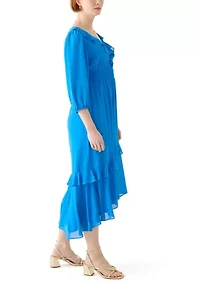 Women's 3/4 Sleeve V-Neck Solid Chiffon Fit and Flare Dress