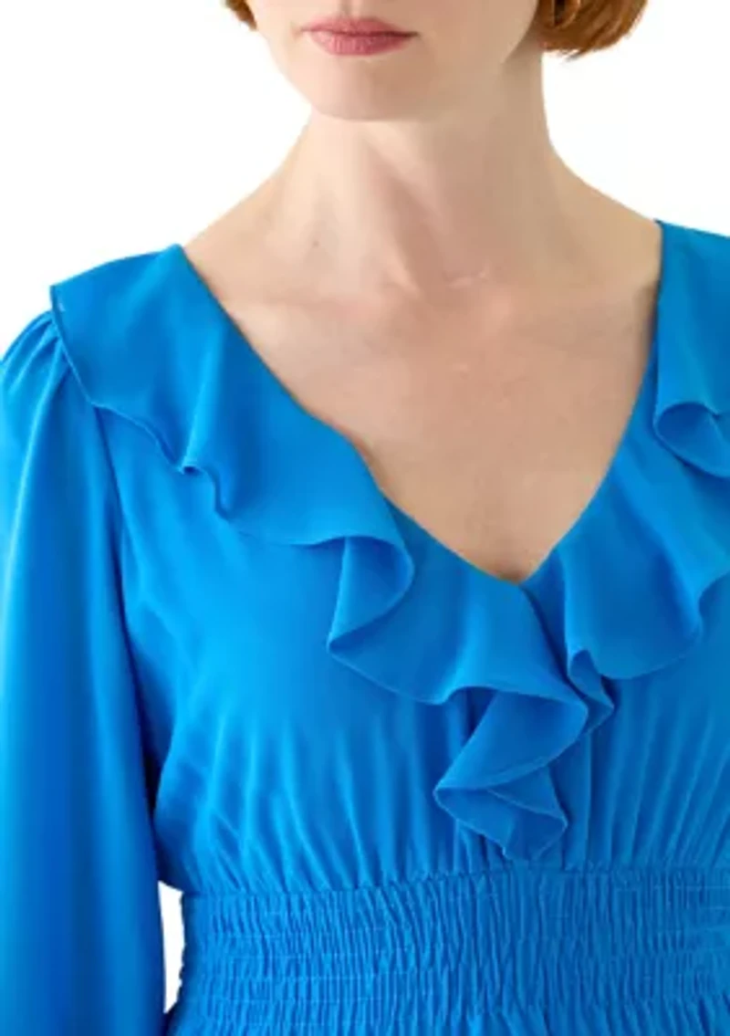 Women's 3/4 Sleeve V-Neck Solid Chiffon Fit and Flare Dress