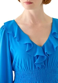 Women's 3/4 Sleeve V-Neck Solid Chiffon Fit and Flare Dress