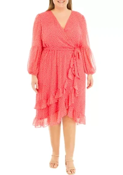 Plus Long Sleeve V-Neck Ruffle Dot Print Chiffon Dress