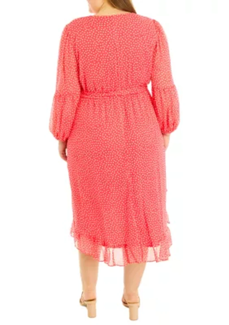Plus Long Sleeve V-Neck Ruffle Dot Print Chiffon Dress