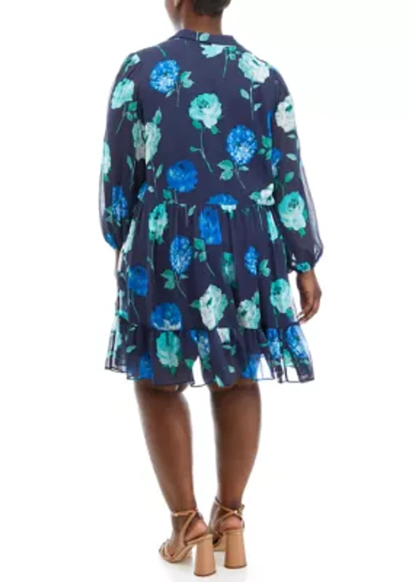 Plus Long Sleeve Floral Print Chiffon A-Line Dress
