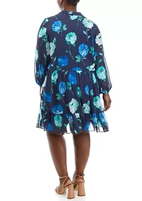 Plus Long Sleeve Floral Print Chiffon A-Line Dress