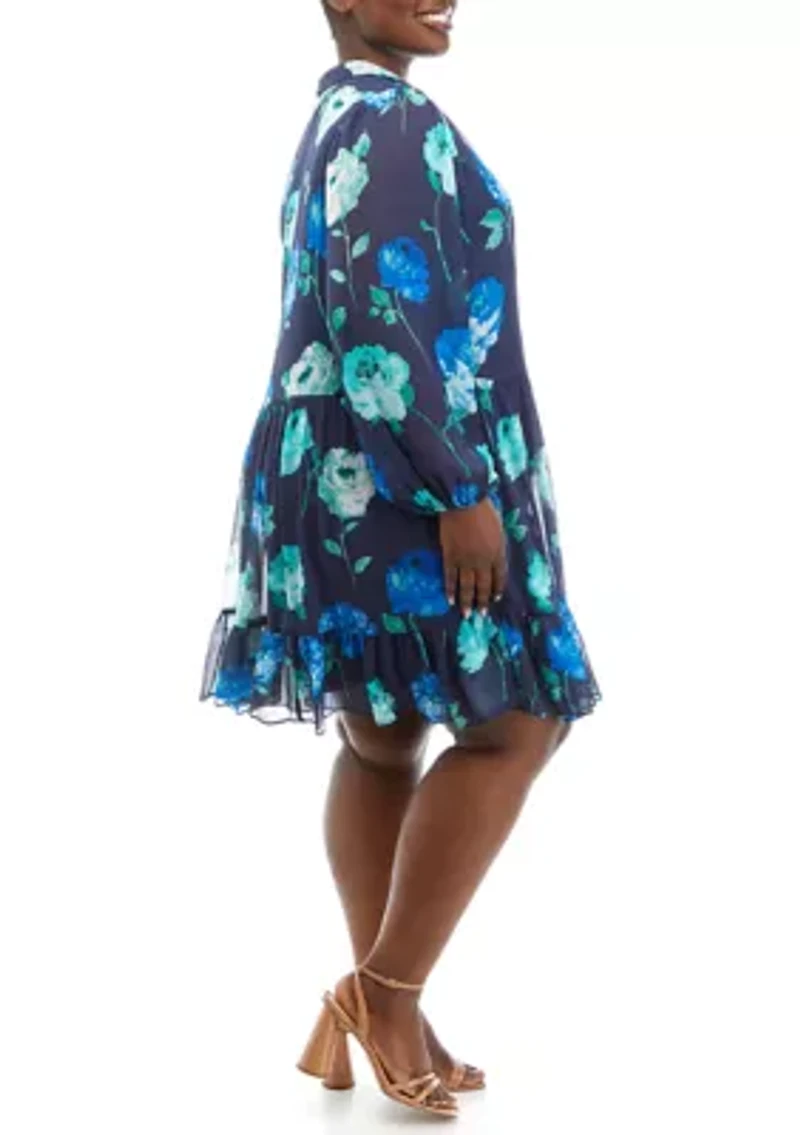 Plus Long Sleeve Floral Print Chiffon A-Line Dress