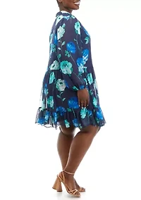 Plus Long Sleeve Floral Print Chiffon A-Line Dress