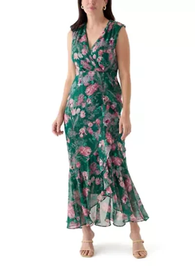 Women's Tie Waist Floral Chiffon Dress