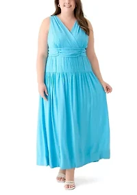 Plus Sleeveless V-Neck Solid Fit and Flare Dress