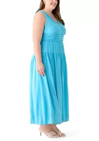 Plus Sleeveless V-Neck Solid Fit and Flare Dress