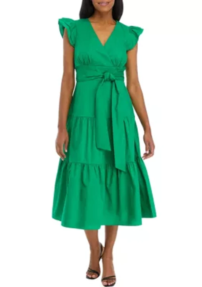 Women's Sleeveless Tiered Surplice Cotton Fit and Flare Midi Dress