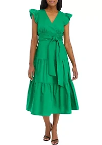 Women's Sleeveless Tiered Surplice Cotton Fit and Flare Midi Dress