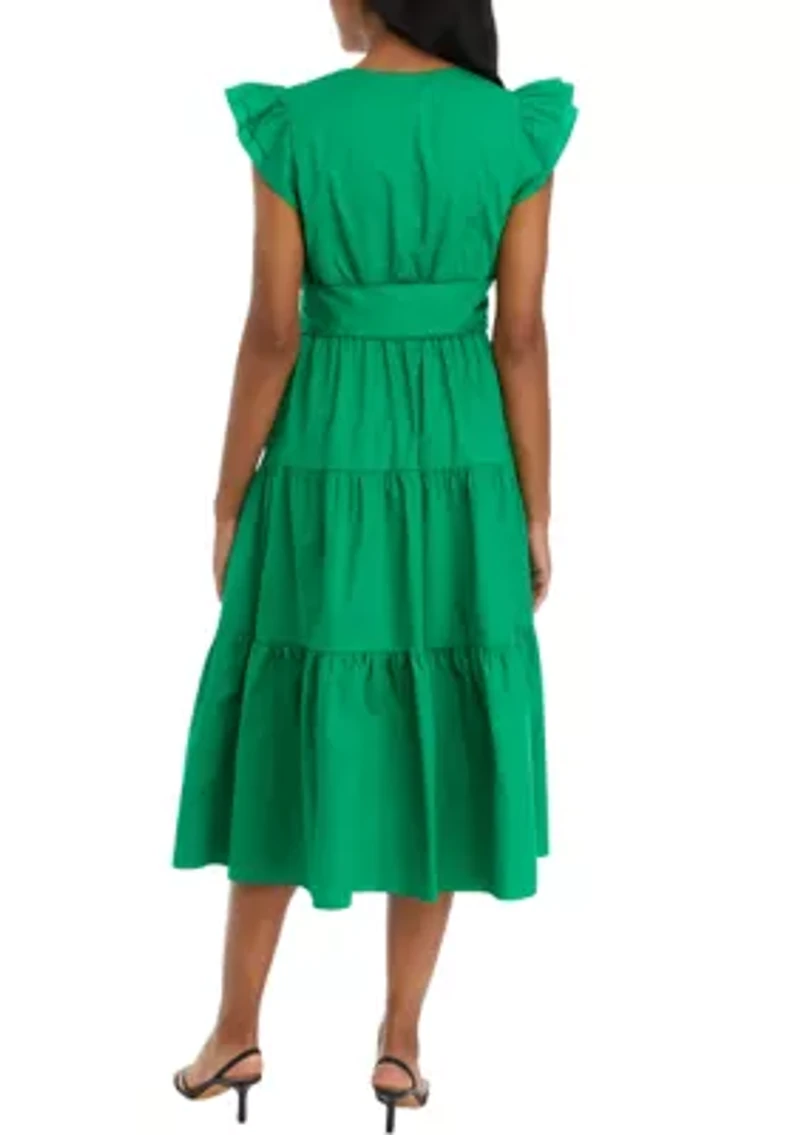 Women's Sleeveless Tiered Surplice Cotton Fit and Flare Midi Dress