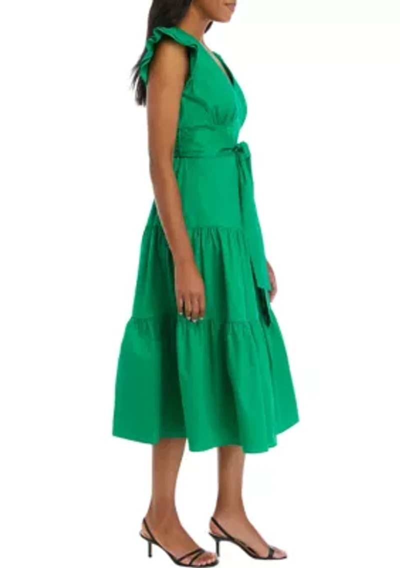 Women's Sleeveless Tiered Surplice Cotton Fit and Flare Midi Dress