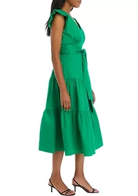Women's Sleeveless Tiered Surplice Cotton Fit and Flare Midi Dress