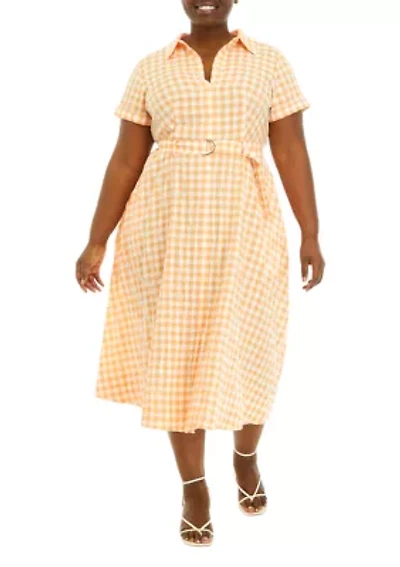 Plus Short Sleeve Gingham Tie Waist Midi Shirtdress