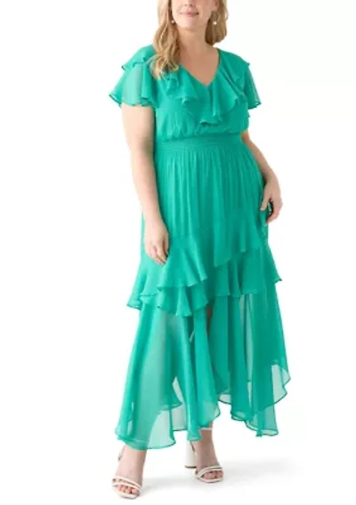 Plus Flutter Sleeve Solid Chiffon Fit and Flare Dress