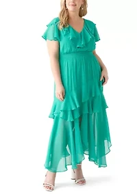 Plus Flutter Sleeve Solid Chiffon Fit and Flare Dress