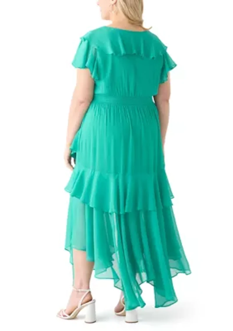 Plus Flutter Sleeve Solid Chiffon Fit and Flare Dress