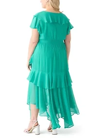 Plus Flutter Sleeve Solid Chiffon Fit and Flare Dress
