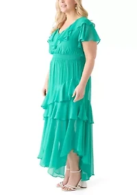 Plus Flutter Sleeve Solid Chiffon Fit and Flare Dress