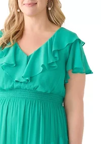 Plus Flutter Sleeve Solid Chiffon Fit and Flare Dress