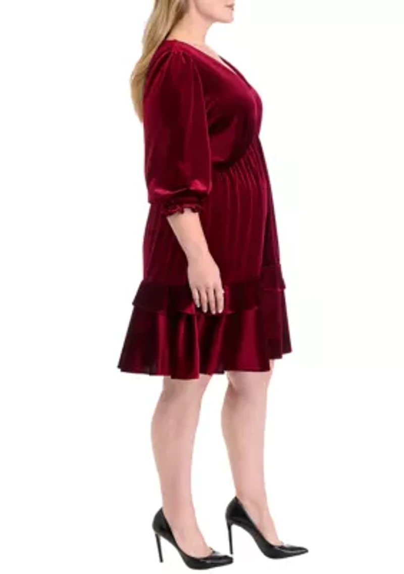 Plus 3/4 Sleeve V-Neck Burnout Babydoll Dress