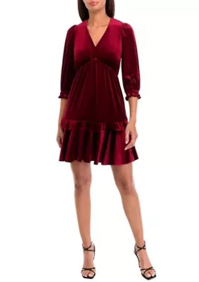 Women's 3/4 Puff Sleeve Velvet Fit and Flare Dress