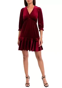 Women's 3/4 Puff Sleeve Velvet Fit and Flare Dress
