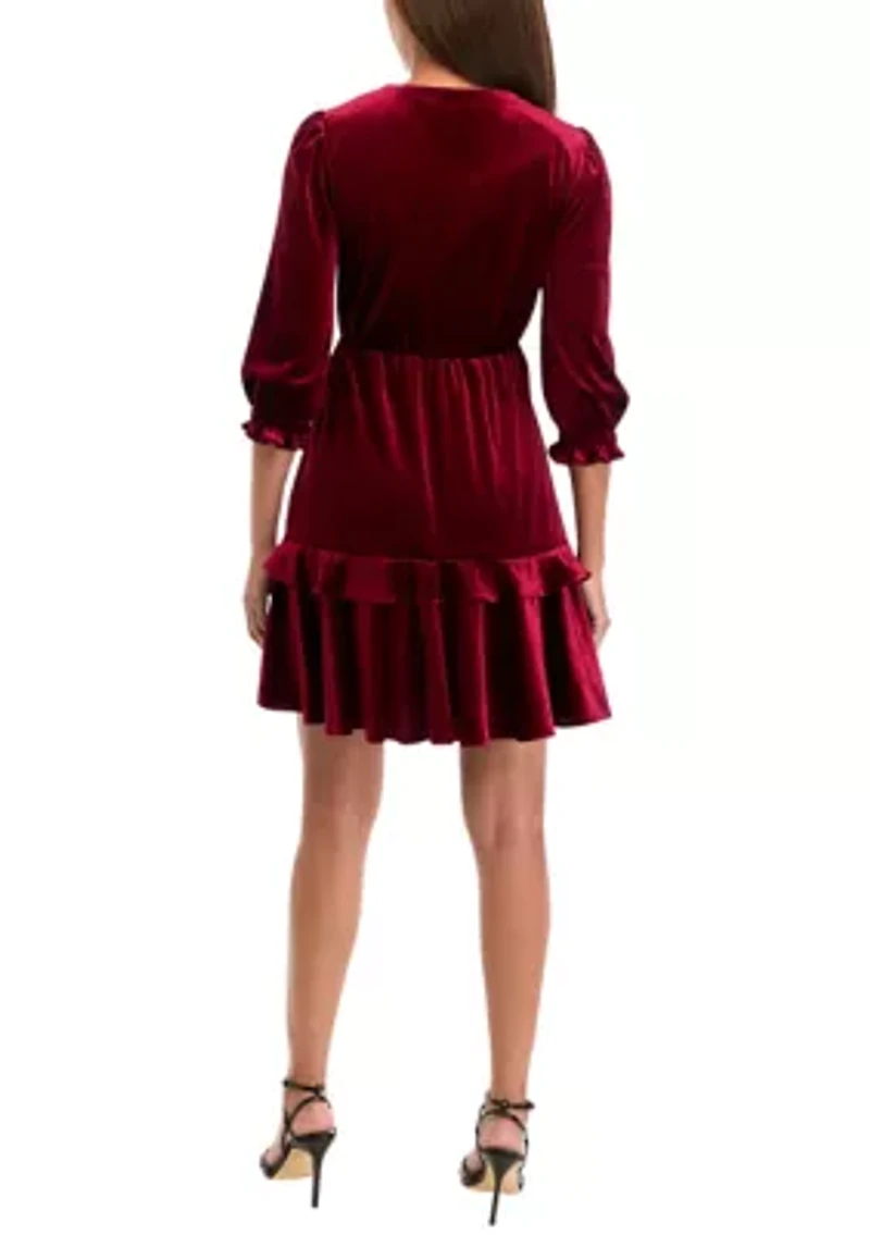 Women's 3/4 Puff Sleeve Velvet Fit and Flare Dress