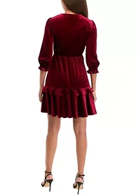 Women's 3/4 Puff Sleeve Velvet Fit and Flare Dress